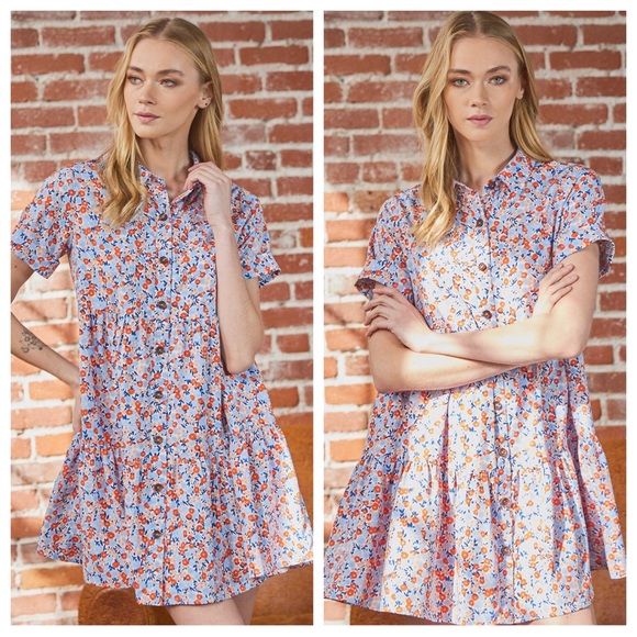 46 Boho Basic Collared Floral Short Sleeve Tiered Dress - Picture 5 of 10